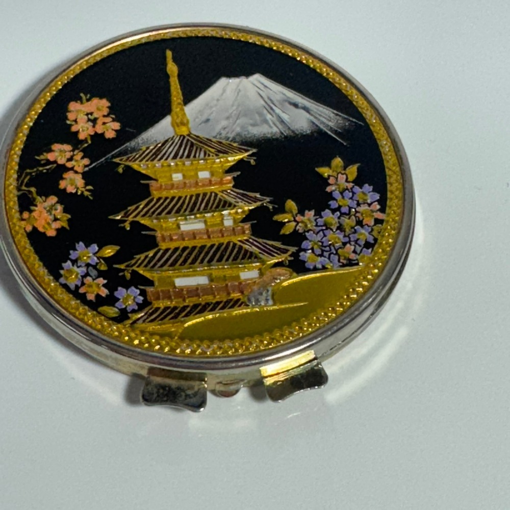 Vintage Japanese Pagoda Mount Fuji Cherry Blossom Round Compact Mirror Used